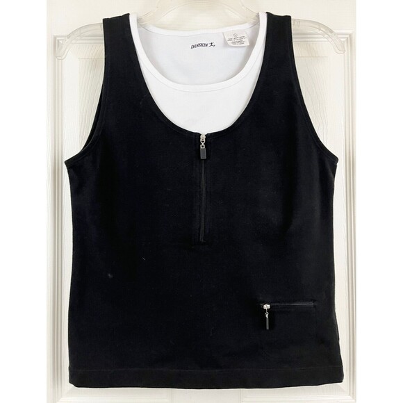 DANSKIN - Black & White Pocket Layered Sleeveless 1/2 Zip Bra Tank Top size L - Picture 1 of 7